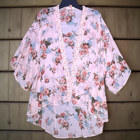 Bog Collective Other - BOG Collective Kimono‎ Duster Cardigan Womens XS/S Pink Floral Hi Lo Sheer Open
